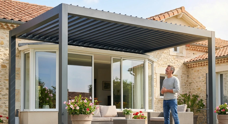 Un client satisfait dans son espace résidentiel extérieur, contemptant avec satisfaction sa pergola ou ses baies vitrées récemment installées par CEEN Menuiserie. La scène doit montrer une personne adulte seule ou en petit groupe, en tenue décontractée, dans un cadre résidentiel lumineux et accueillant, regardant ou inspectant les menuiseries/protections solaires de qualité qui ont été installées. L'atmosphère doit transmettre la satisfaction, la confiance et le bien-être - les valeurs qui génèrent la recommandation cliente. Photographie réelle de qualité professionnelle, sans texte ni logo visible.